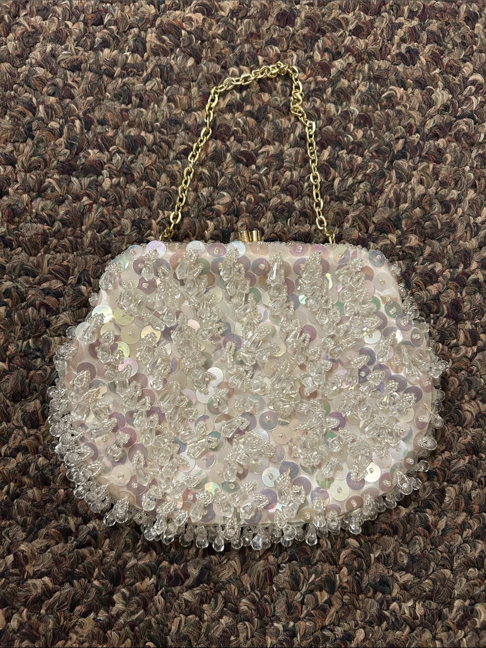 VTG Beaded Iridescent Sequin Evening Clutch - White/Cream